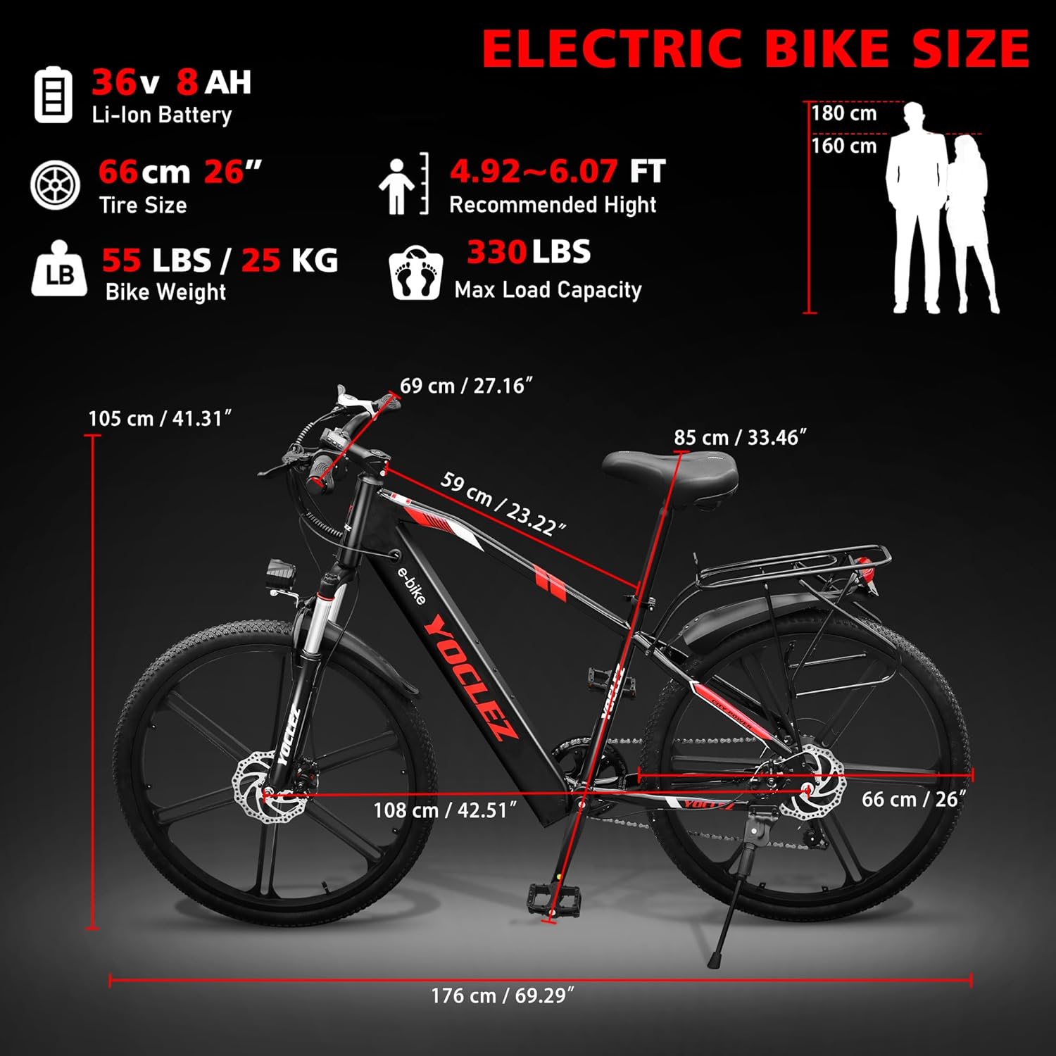 SOODOO Red Warrier 26" Electric Mountain Pedal Bike 36V8A Battery with Integrated wheels